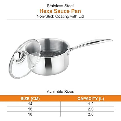 Prabha Tri-Ply Stainless Steel Hexa Cube Sauce Pan Included Lid 14cm 1.2L Non Stick Coating