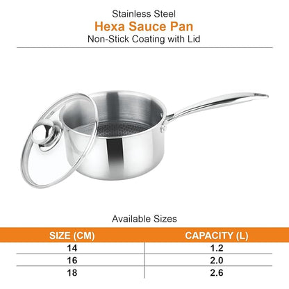 Prabha Tri-Ply Stainless Steel Hexa Cube Sauce Pan Included Lid 18cm 2.6L Non Stick Coating