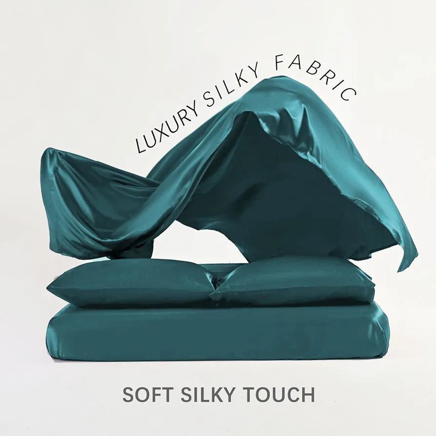 Cloth Fusion Satin Bedsheet for Queen Size Bed Set of 1 & 2 Pillow Covers Peacock Green
