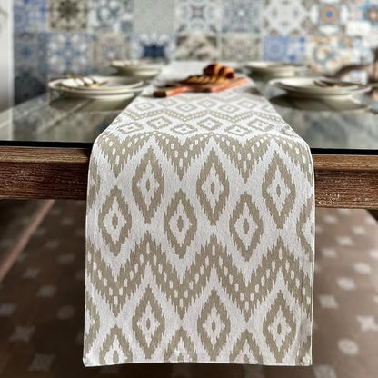 Oak & Lily Table Runner in Ivory & Beige Ikat Print 4 Seater & 6 Seater Dining and Center