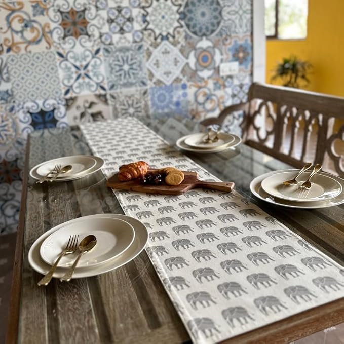 Oak & Lily Premium European Quality Cotton Table Runner Ideal for 4 Seater & 6 Seater Grey Elephant Print