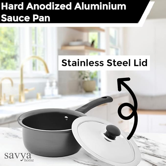 Savya Home Hard Anodized Aluminum Sauce Pan with Stainless Steel Lid Set 1.6 L