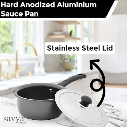 Savya Home Hard Anodized Aluminum Sauce Pan with Stainless Steel Lid Set 1.6 L