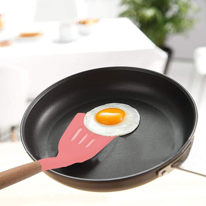 Woodtula Kitchen Silicone Slotted Turner with Wooden Handle Non-Stick Kitchen Utensil Tools Pink