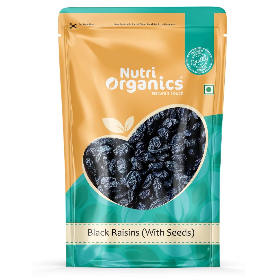 Nutri Organics Premium Afghani Black Raisins With Seeds 200g | Kali Kishmish | Munakka Dry Fruits | Delicious & Healthy Snack | High in Antioxidants, Naturally Sweet & tasty
