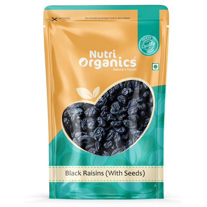Nutri Organics Premium Afghani Black Raisins With Seeds 200g | Kali Kishmish | Munakka Dry Fruits | Delicious & Healthy Snack | High in Antioxidants, Naturally Sweet & tasty