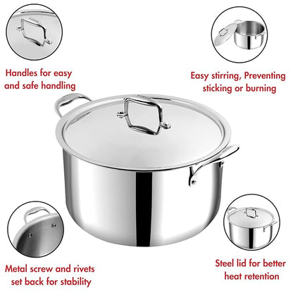 Vinod Platinum Triply Stainless Steel Biryani Pot with Lid - 11 Litre, 30 cm | Heavy Bottom | Riveted Handle| Cooking Pot