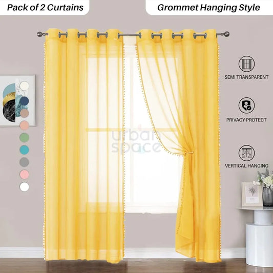 Urban Space Linen Textured Sheer Curtain for Door Room Darkening, Decorative Curtain with Tieback, Eyelets Hanging Style, Set of 2 Curtains Yellow with pom pom