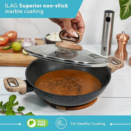 Bergner Ultimate Forged Nonstick 24 Cm Kadai With Glass Lid | 2 L Capacity