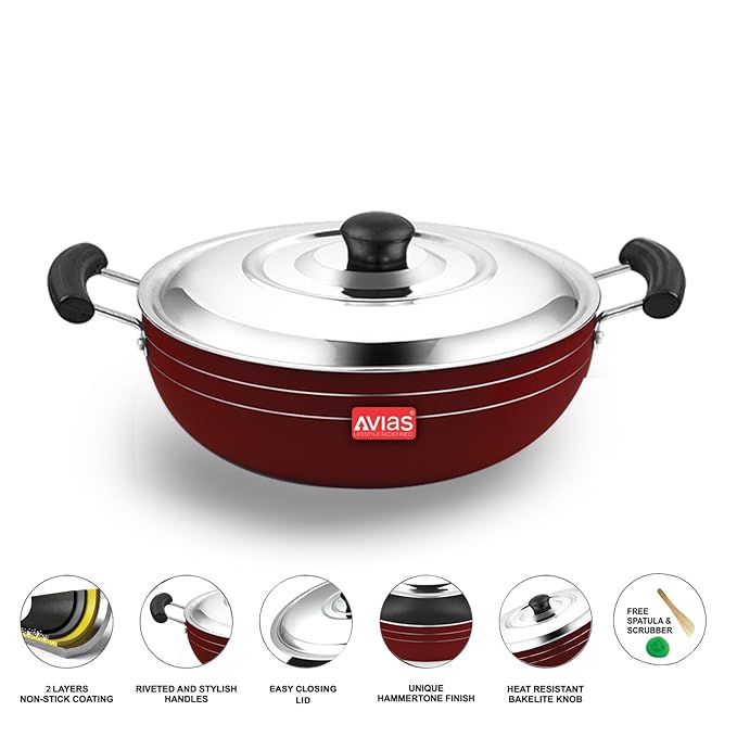 Avias Indiana Kadhai 28cm Nonstick Aluminium Kadhai with Stainless Steel Lid Bakelite Handles