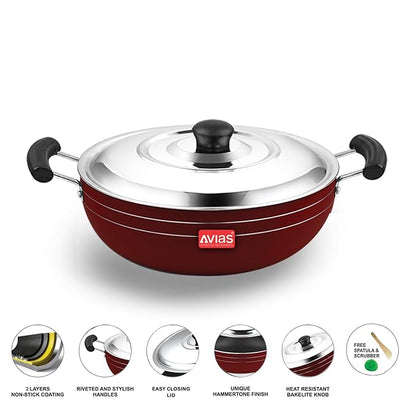 Avias Indiana Kadhai 28cm Nonstick Aluminium Kadhai with Stainless Steel Lid Bakelite Handles