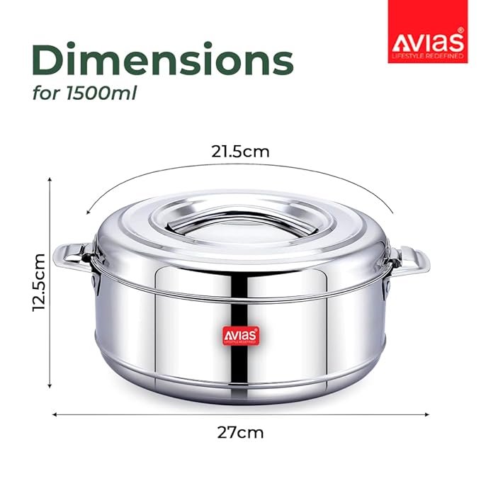 Avias Astra Double Wall Insulated Stainless Steel Casserole 1500 ml Silver Hot Pot for Rice Gravy Curry