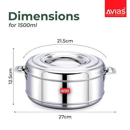 Avias Astra Double Wall Insulated Stainless Steel Casserole 1500 ml Silver Hot Pot for Rice Gravy Curry