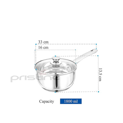 Pristine Try Ply Induction Base Stainless Steel Sauce Pan With Knob Glass Lid - 920 gms