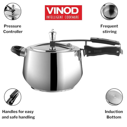 Vinod Europa Stainless Steel Inner Lid Pressure Cooker - 5 Litre | Handi Shape | Sandwich Bottom Cooker | Induction and Gas Base