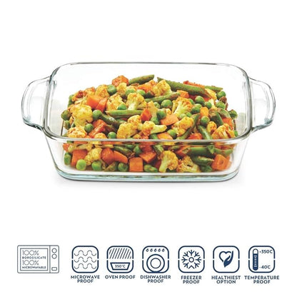 Borosil Square Glass Baking Dish With Handle | Microwave Safe & Oven Safe | 800 Ml | Transparent