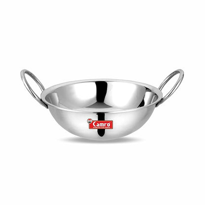 Camro Triply Round Bottom Kadhai 14 No, 3 Liters Stainless Steel Lid for Curry StirFry DeepFry