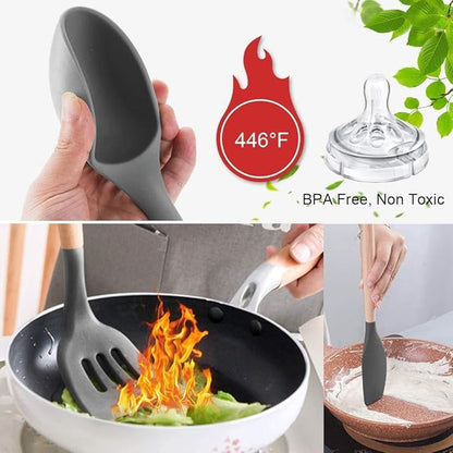 P-Plus International Silicone Cooking Utensils Kitchen Utensil Heat Resistant Wooden Handles Black