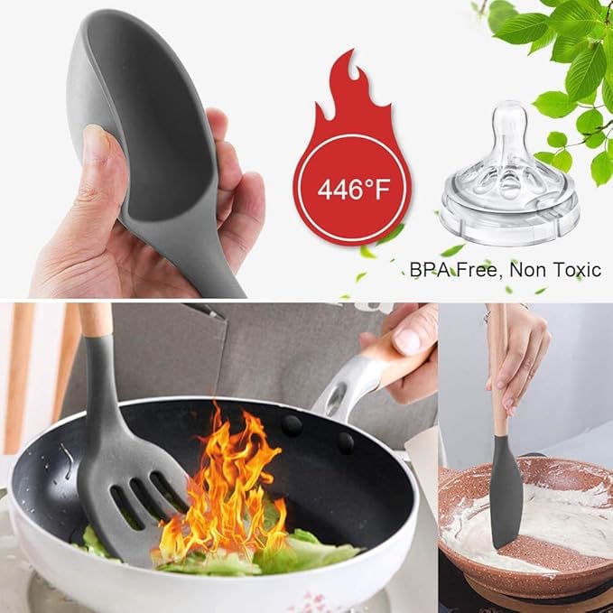 P-Plus International Silicone Cooking Utensils Kitchen Heat Resistant Wooden Handles Gadgets Tools Black