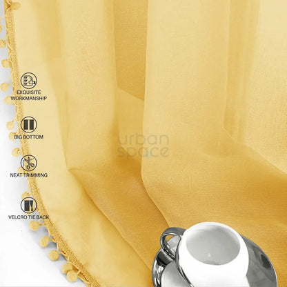 Urban Space Linen Textured Sheer Curtain for Door Room Darkening, Decorative Curtain with Tieback, Eyelets Hanging Style, Set of 2 Curtains Yellow with pom pom
