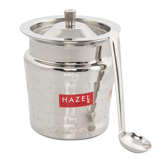 Hazel Ghee Pot With Spoon Stainless Steel Hammered Finish Ghee Container