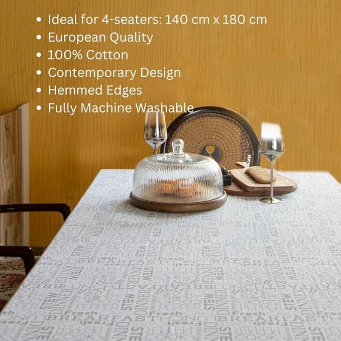 Oak & Lily Table Cloth For 4-Seater Rectangular Dining Tables In White & Grey Letter Print