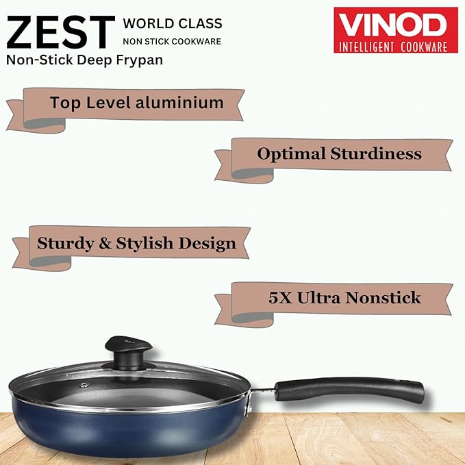 Vinod Zest Aluminium Non Stick Deep Frypan with Glass Lid - 24 cm | 3 Layer Ceramic Coating | 3 mm Extra Thick