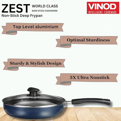Vinod Zest Aluminium Non Stick Deep Frypan with Glass Lid - 26 cm | 3 Layer Ceramic Coating | 3 mm Extra Thick | Skillet Pan