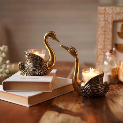 BEHOMA Aluminium Pair of Swans for Good Luck and Love | Candle Holder for Home| Showpiece for Gifting Anniversary Valentine's Day , Gold,13.5L x 7.5W x 14H Centimeters