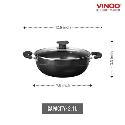 Vinod Black Pearl Hard Anodised Deep Kadai With Glass Lid 2.1 Litres Capacity | 20 Cm Diameter | With Riveted Sturdy Handles | 3.25 Mm Thickness | Black