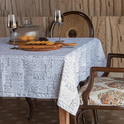 Oak & Lily Table Cloth For 4-Seater Rectangular Dining Tables In White & Grey Letter Print