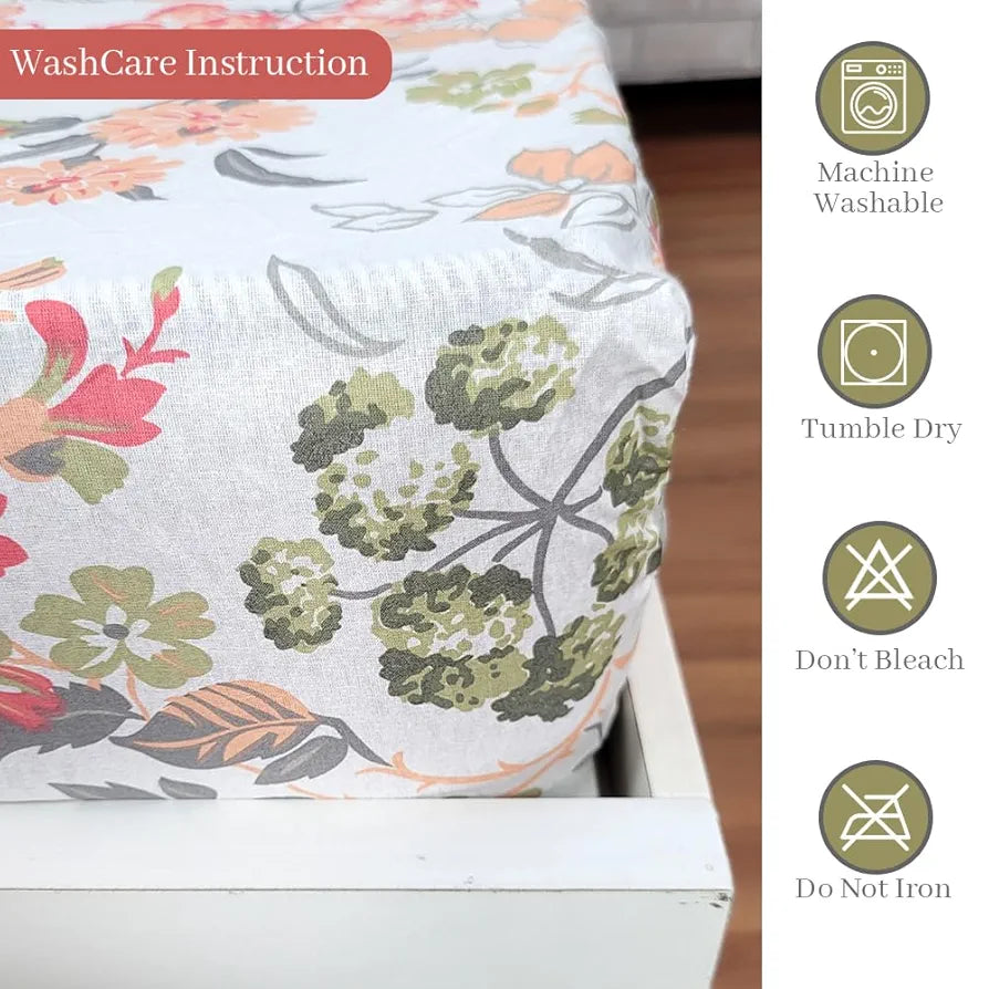 Divine Casa 144 TC 100% Cotton Floral Print Peach Super Soft Elastic Fitted Bedsheets Single Bed Colour Peach amber