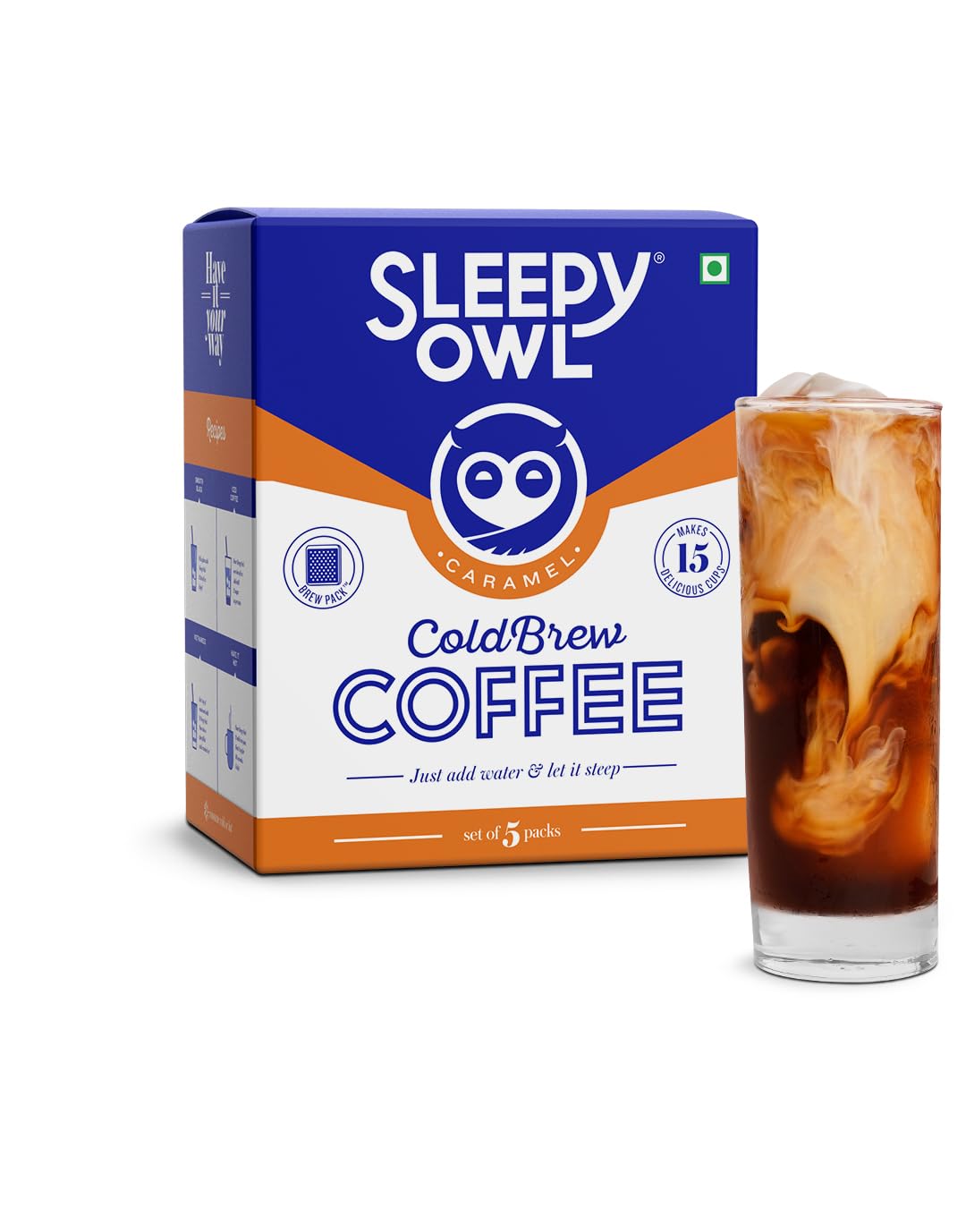 Sleepy Owl Caramel Cold Brew Coffee Bags Set of 5 Packs - 50 gms Each