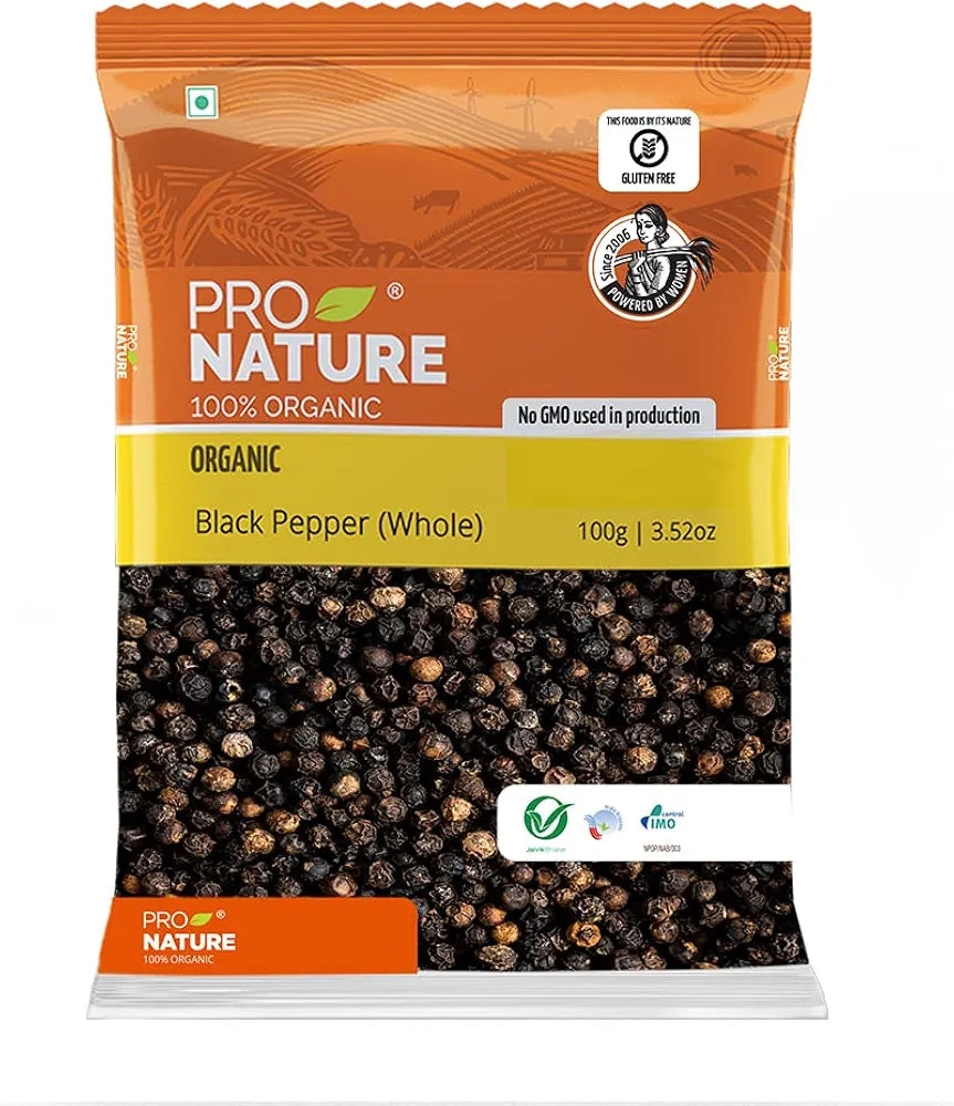 Pro Nature Organic Spices - Black Pepper Whole, 100 grams Pouch