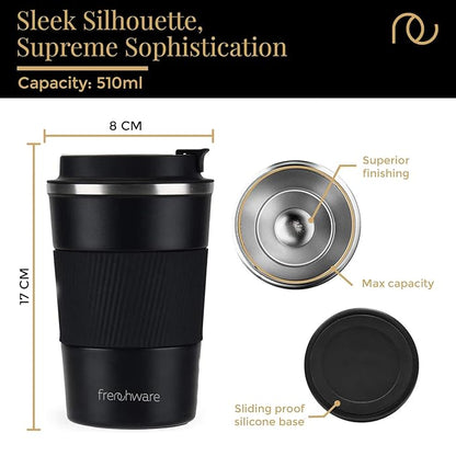 Frenchware Coffee Mug | 510 Ml | Tumbler, Flask for Tea Coffee, Insulated Coffee Mug | Coffee Mug With Leakproof Lid | Black