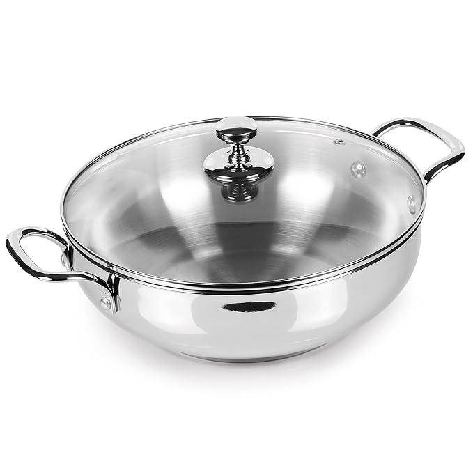 Milton Pro Cook Stainless Steel Sandwich Bottom Kadhai with Glass Lid, 28 cm / 4.2 litres - 1840 gms