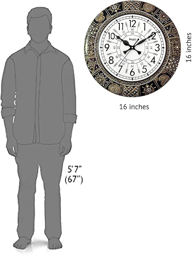 RoyalsCart Ethnic Handcrafted Designer Wall Clock with Rajasthani Floral Painting Black Wooden Wall Clock [KTWC281N] Black Designer Painting