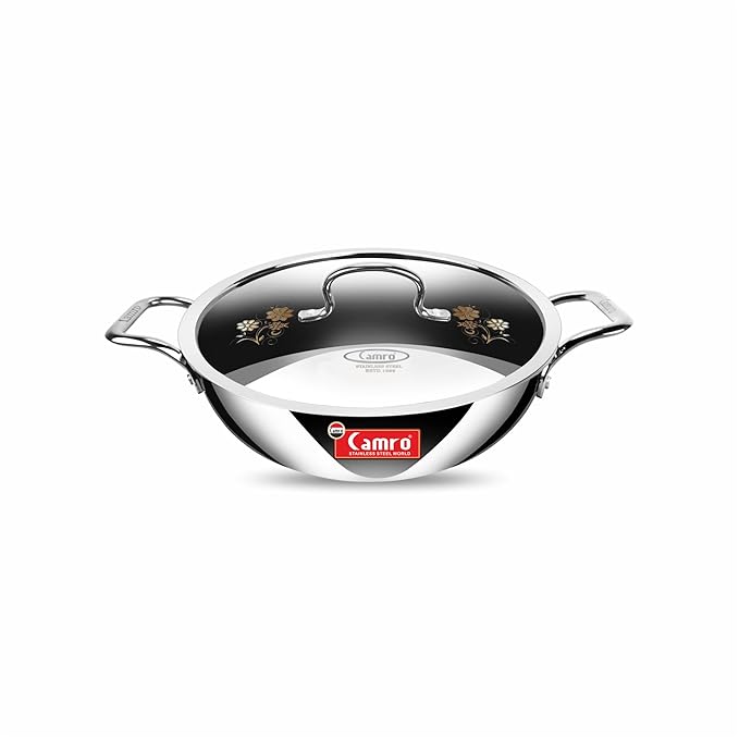 Camro Triply Artisian Kadhai With Lid 26 cm 3.3 Liters kadhai Steel Stainless Kadhai For Deep Frying