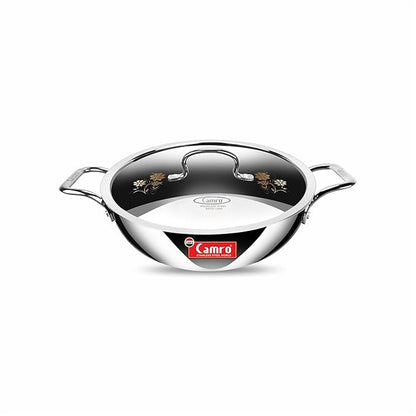 Camro Triply Artisian Kadhai With Lid 26 cm 3.3 Liters kadhai Steel Stainless Kadhai For Deep Frying