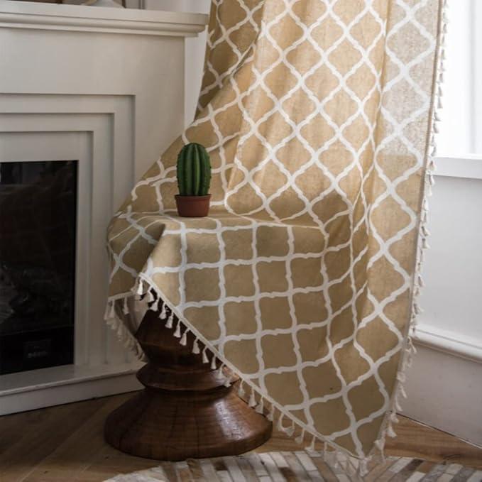 Huesland Cotton Curtains for Windows, 5 Feet Long 1 Bohemian Eyelet Curtain | Quatrefoil Light Brown