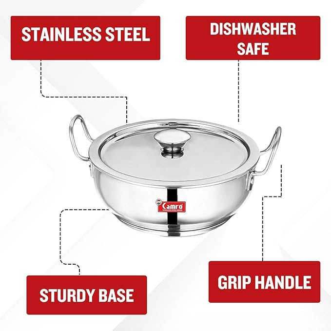 Camro Kadhai Induction Bottom with Lid 4 Liters kadhai Steel Stainless Kadhai for Deep Frying