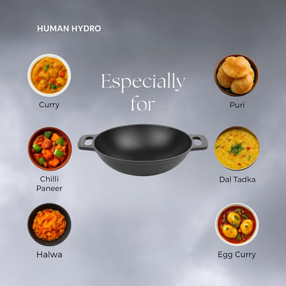 Human Hydro Premium Pre-Seasoned Cast Iron Kadai 25cm 3L Naturally Nonstick Non-Toxic Flat Bottom Induction Gas