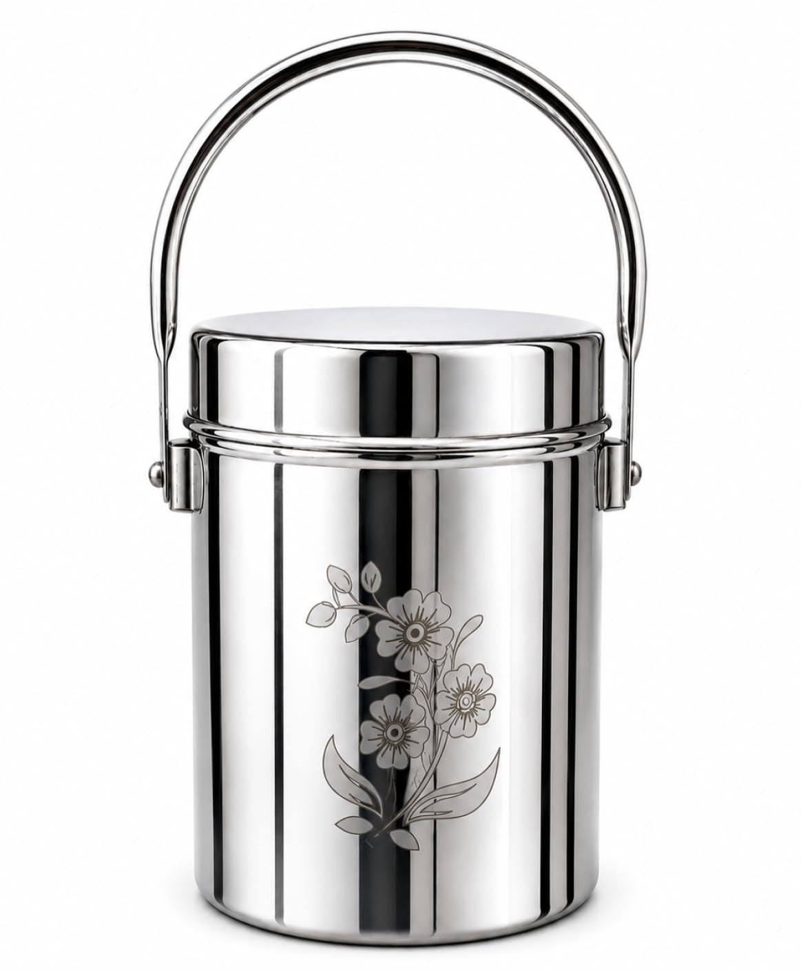 KC Stainless Steel Multipurpose Storage Container, Milk Pot with Airtight Lid, Handle, Floral Engraved - (1 litres)