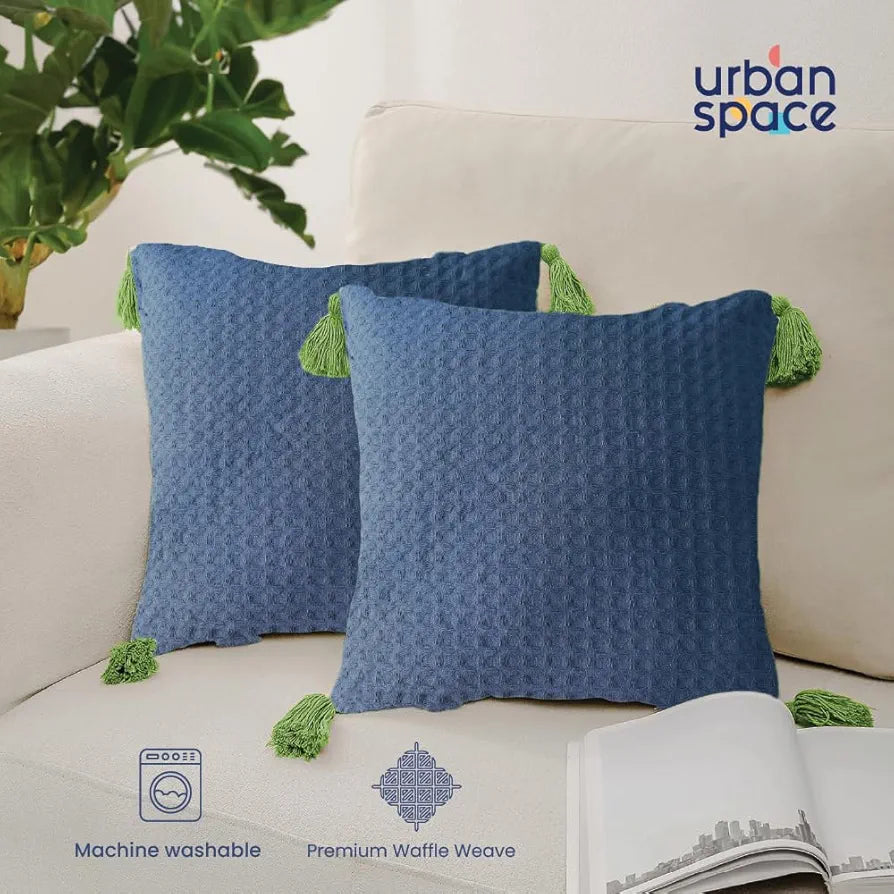 Urban Space Waffle Cotton Cushion Cover Set of 2 Cushion Covers for Sofa, Bedroom, Living Room Waffle Navy