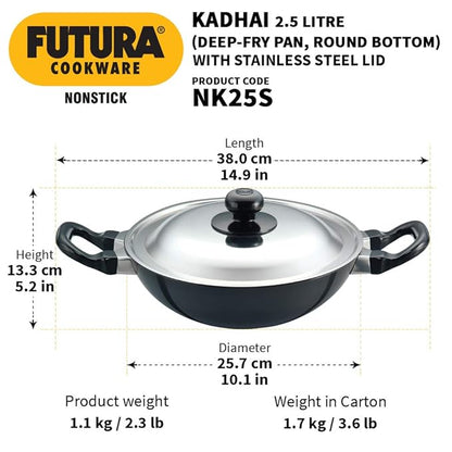 Hawkins Futura Nonstick Kadhai 2.5 L, 26 cm, 3.25 mm with SS lid (Black)