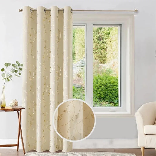Urban Space Pure Blackout Opaque Curtains For Living Room Gold Foil Printed Luxurious Blackout Opaque Curtains 1 Piece Pack, Floral Vine Beige
