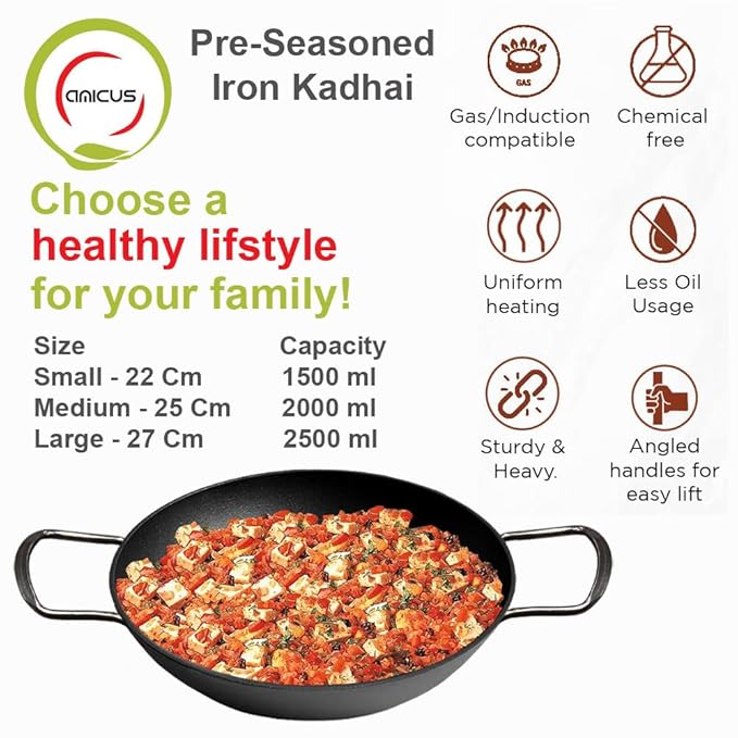 Amicus Kitchen Iron Kadai for Cooking & Deep Frying Pre-Seasoned Iron Kadhai Fry Pan 22 Cm 1.5 L