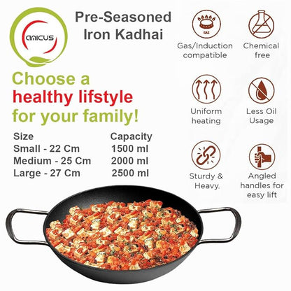 Amicus Kitchen Iron Kadai for Cooking & Deep Frying Pre-Seasoned Iron Kadhai Fry Pan 22 Cm 1.5 L