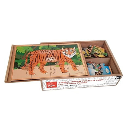 Skillofun Wooden Animal Jigsaw Puzzles in a Box 4 Puzzles Storage Box with Lid