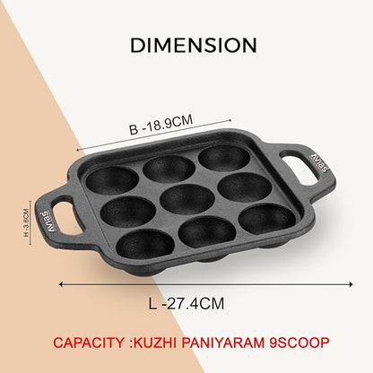 Avias Cast Iron Square Paniyaram Pan with Handle Loha Appe Maker Includes 9 Pits